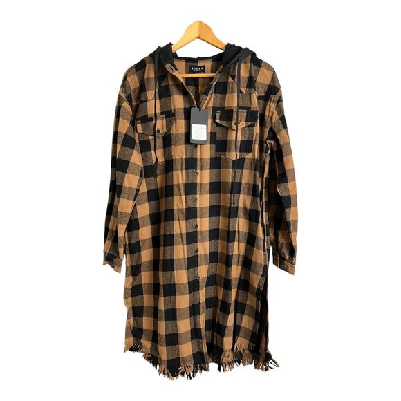 NWT RISEN Riding Shotgun Shacket Plaid Shirt Dress with Hood Sand Women's Size S - Picture 1 of 9